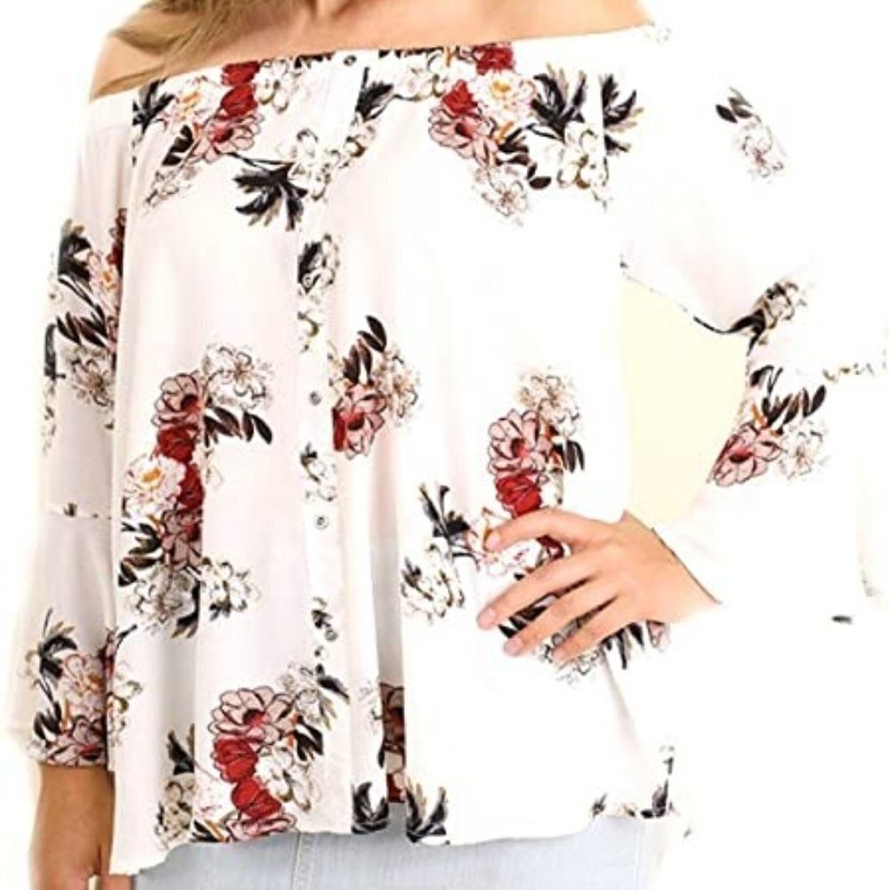 Umgee Floral Print Button Up Off The Shoulder Blouse with Bell Sleeves Size S